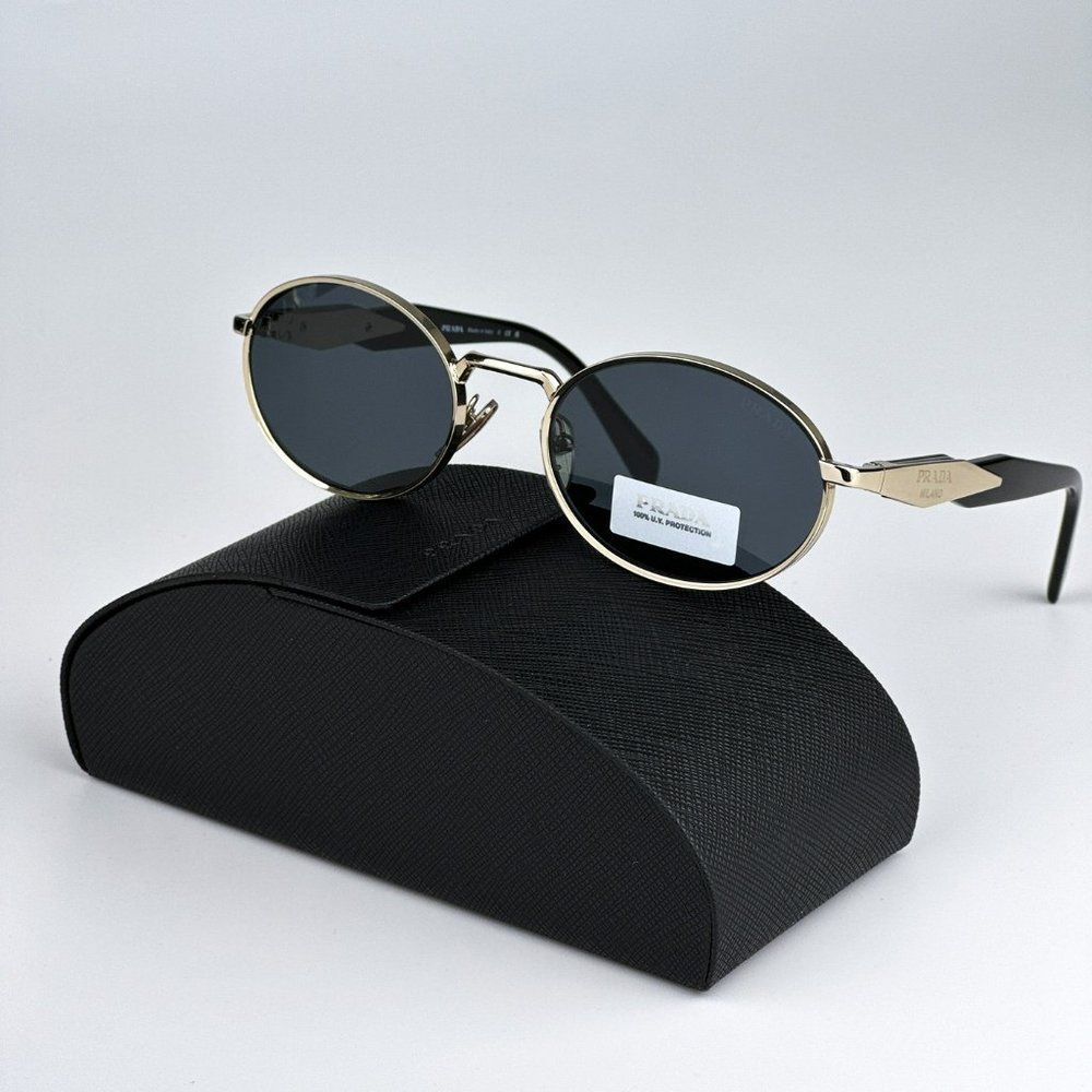 NEW Prada PR65ZS ZVN09T Pale Gold Dark Grey Oval Metal Unisex Sunglasses - Picture 3 of 14